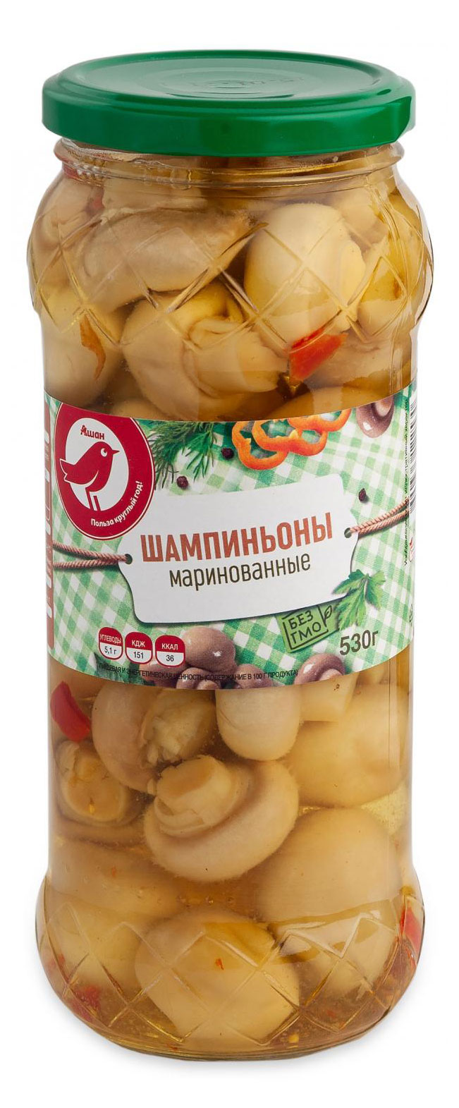 Шампиньоны АШАН Красная птица маринованные, 0,53 мл