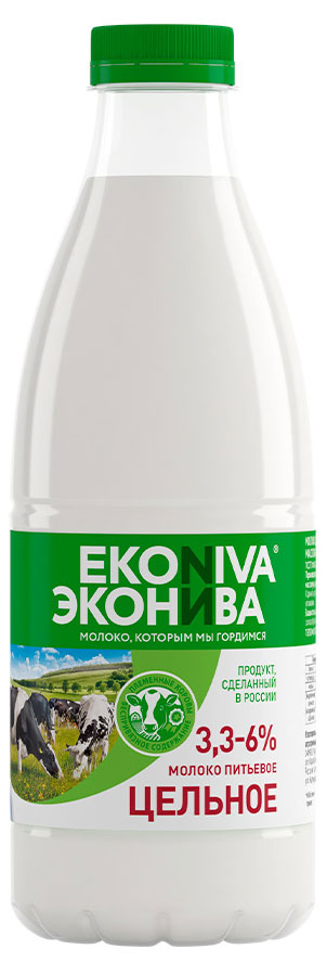 Молоко «ЭкоНива» цельное пастеризованное 3,3–6% БЗМЖ, 1 л