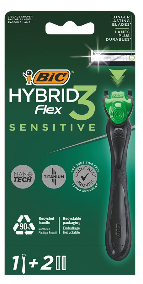 Бритва мужская BIC Flex 3 Hybrid Sensitive, 1 ручка и 2 сменные кассеты