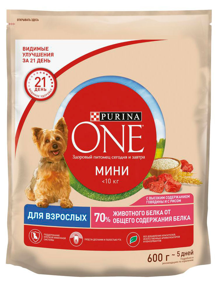 Сухой корм для собак Purina ONE с говядиной и рисом, 600 г