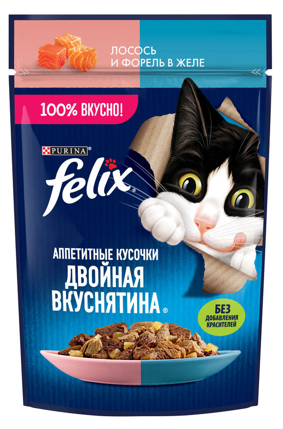 Корм влажный для кошек Felix Апперитные кусочки с лососем и форелью в желе, 75 г