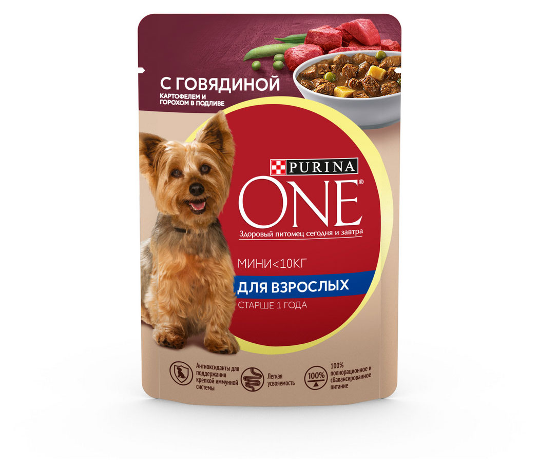 Влажный корм для собак Purina ONE  с говядиной, картофелем и горохом в подливе, 85 г