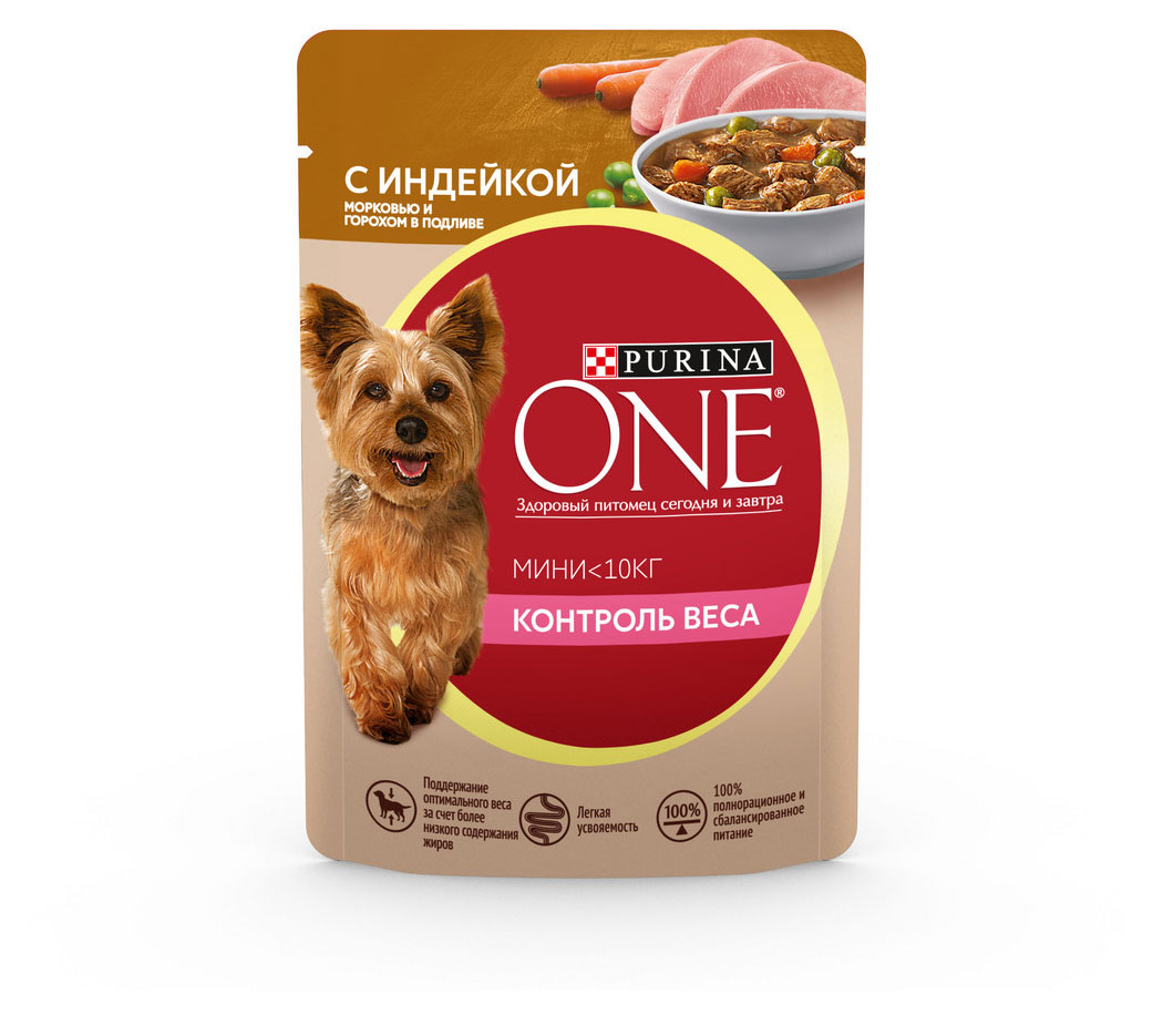 Влажный корм для собак Purina ONE с индейкой, морковью и горохом в подливе, 85 г