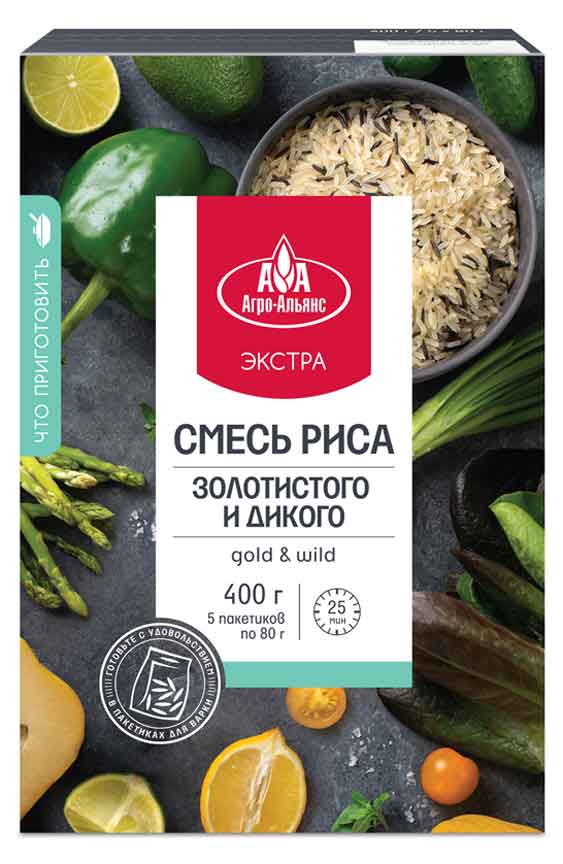 Рис пропаренный «Агро-Альянс» смесь золотистого и дикого риса экстра, 5х80 г