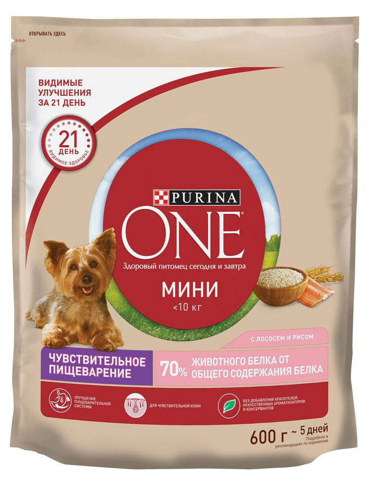 Сухой корм для собак Purina ONE с лососем и рисом, 600 г