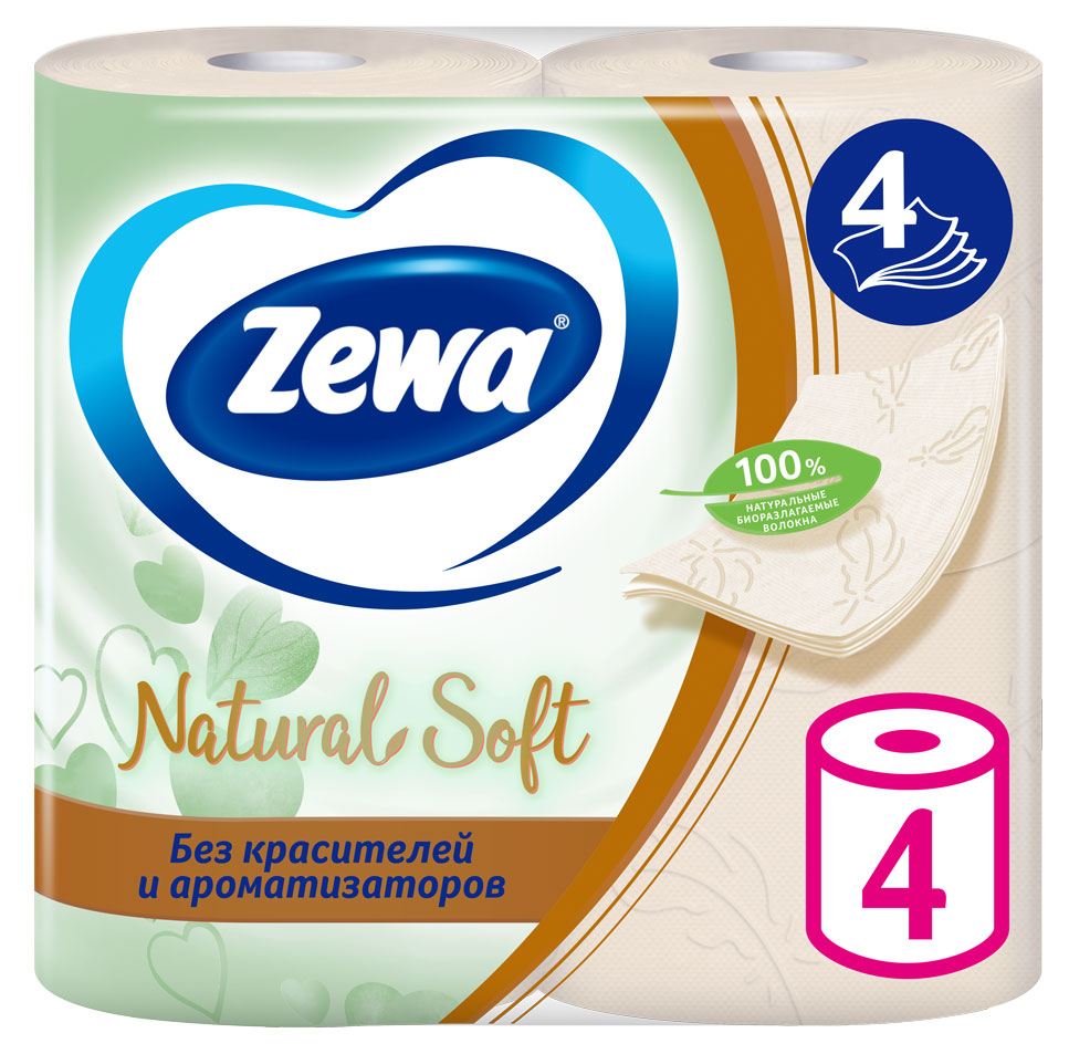 Бумага туалетная Zewa Natural Soft, 4 слоя, 4 рулона