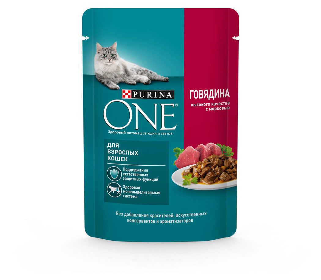 Влажный корм для взрослых кошек Purina ONE с говядиной и морковью в соусе, 75 г