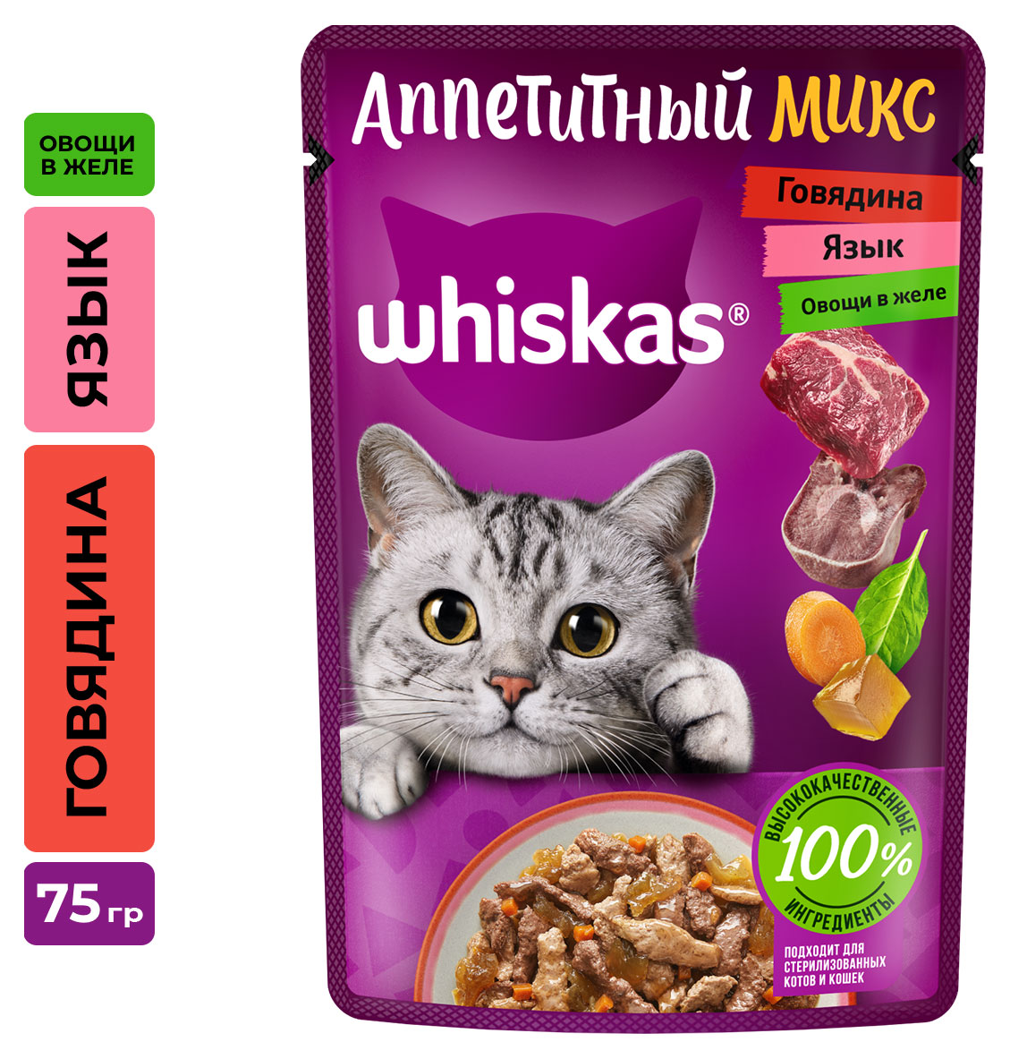 Корм для кошек Whiskas Микс говядина и ягненок в соусе, 75 г