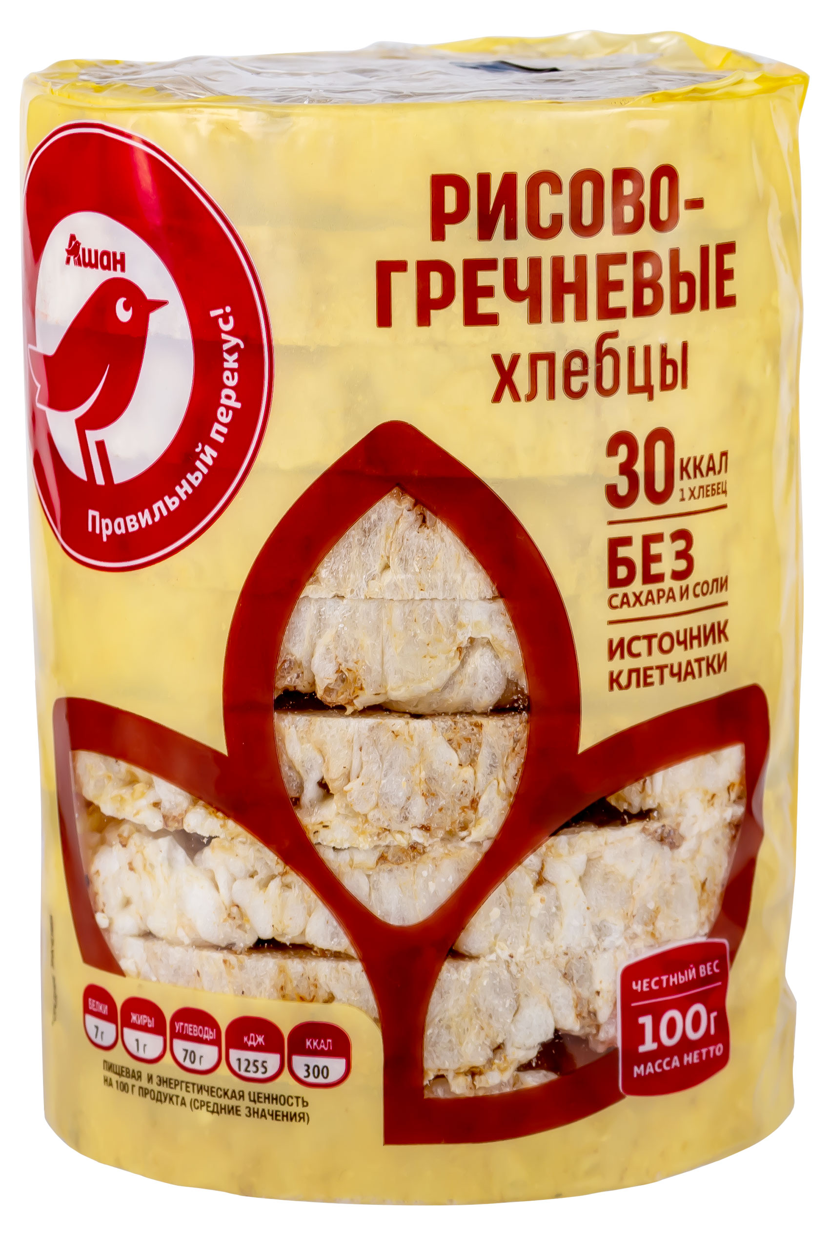 Хлебцы АШАН Красная птица рисово-гречневые без сахара и соли 30 шт, 100 г