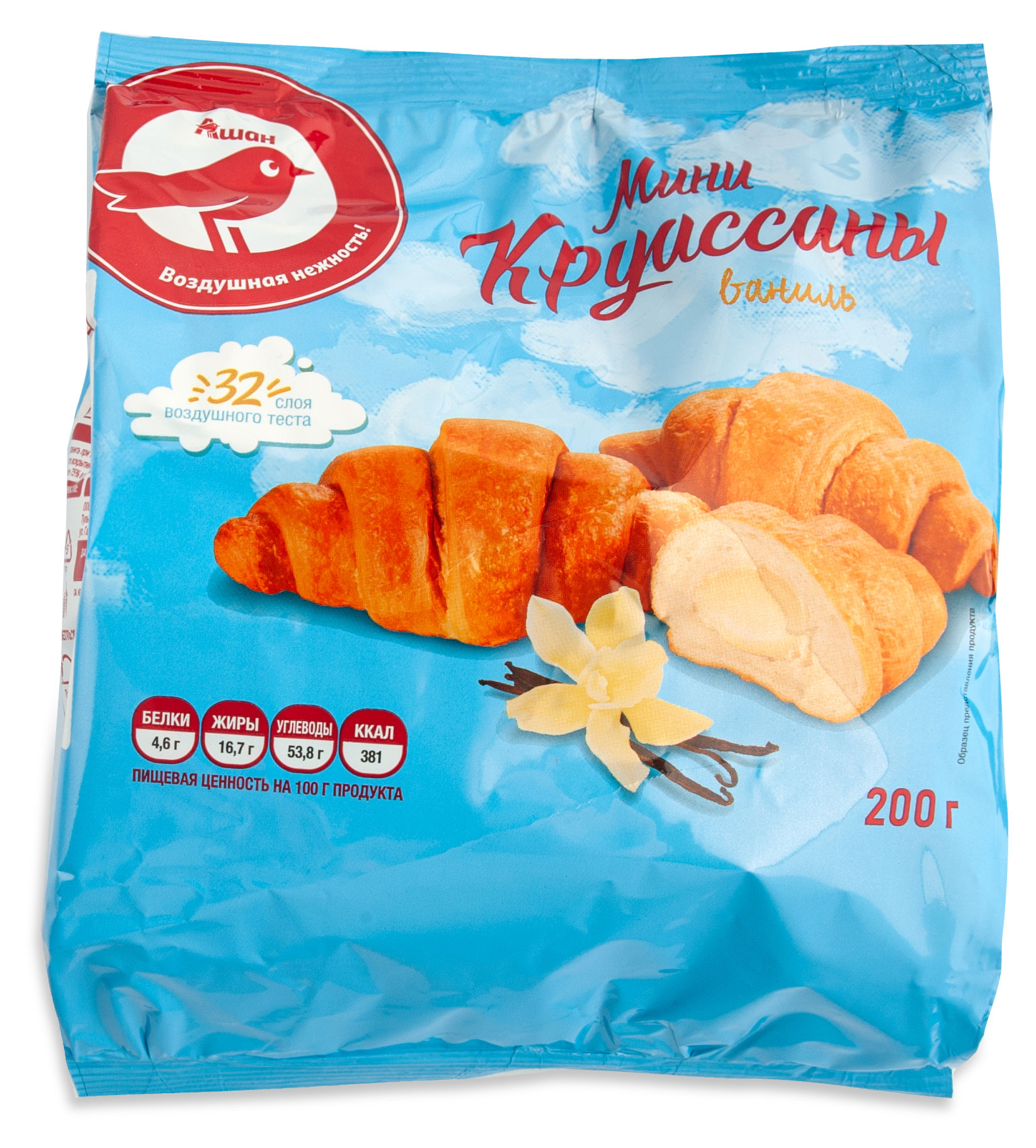 Мини-круассаны АШАН Красная птица с начинкой со вкусом ванили, 200 г