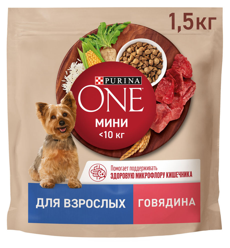 Сухой корм для собак Purina ONE с говядиной и рисом, 1,5 кг