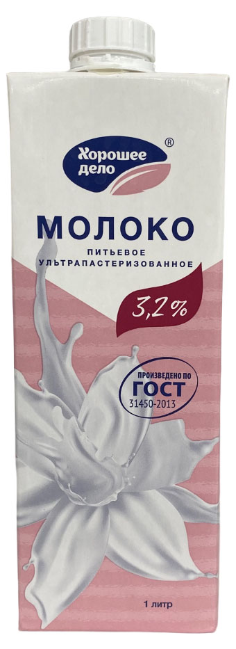 Молоко ультрапастеризованное питьевое «Хорошее дело» стерилизованное 3,2% БЗМЖ, 1 л