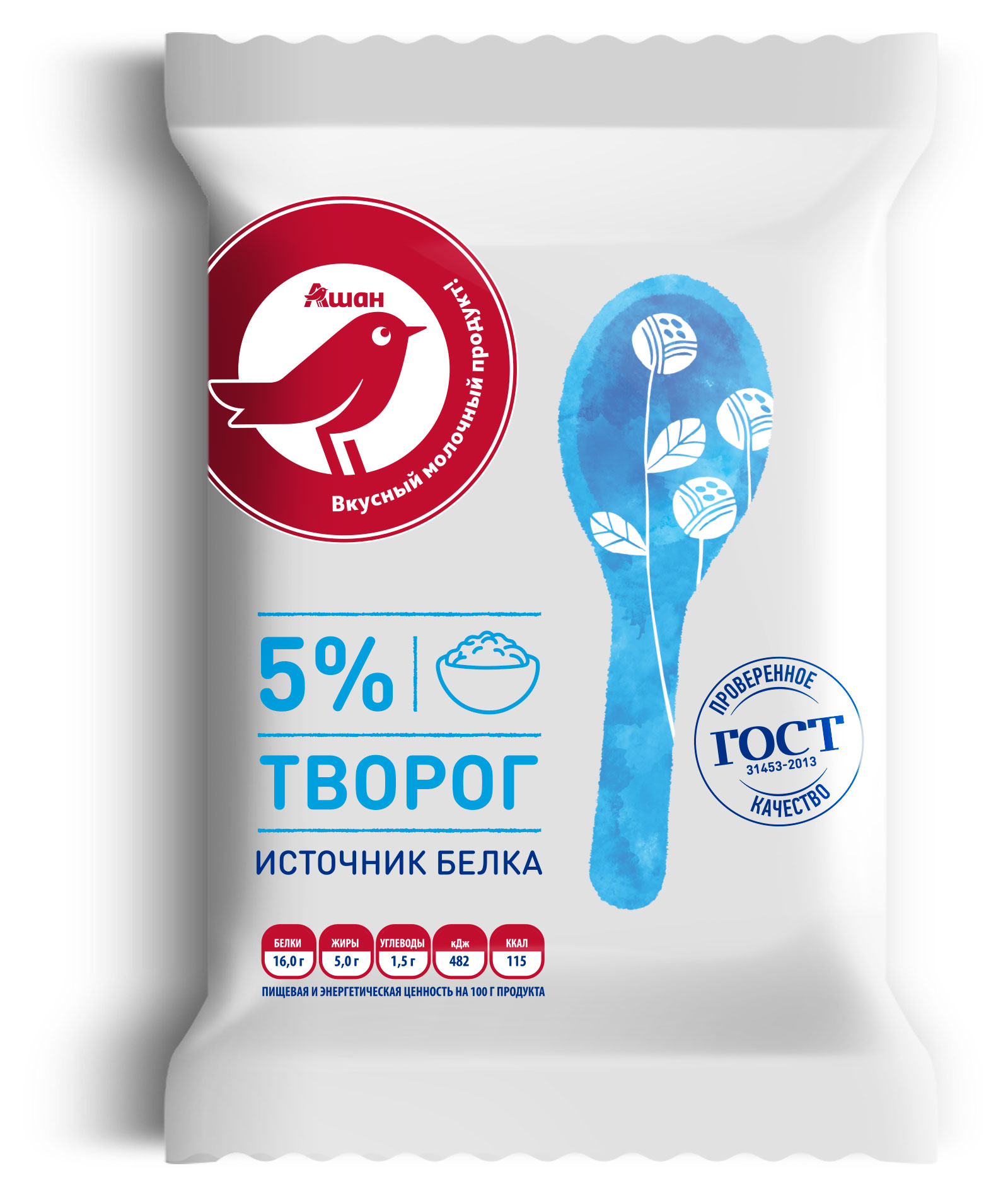 Творог АШАН Красная птица 5% БЗМЖ, 180 г