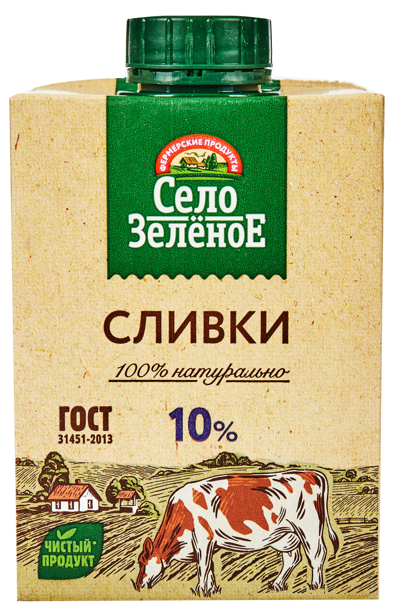 Сливки стерилизованные питьевые «Село Зелёное» нормализованные 10% ГОСТ БЗМЖ, 500 г