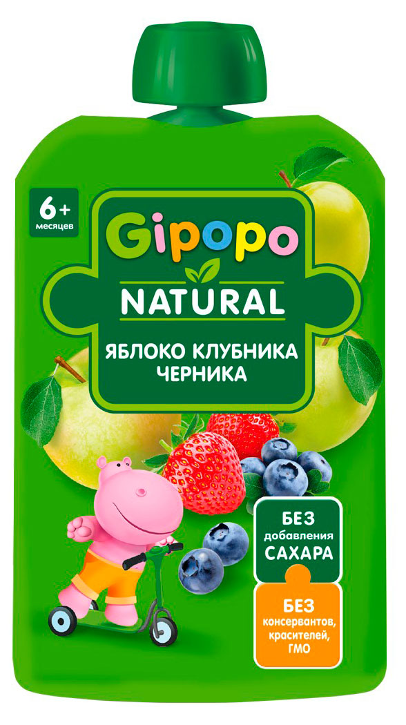 Пюре детское Gipopo яблоко клубника черника с 6 мес., 90 г