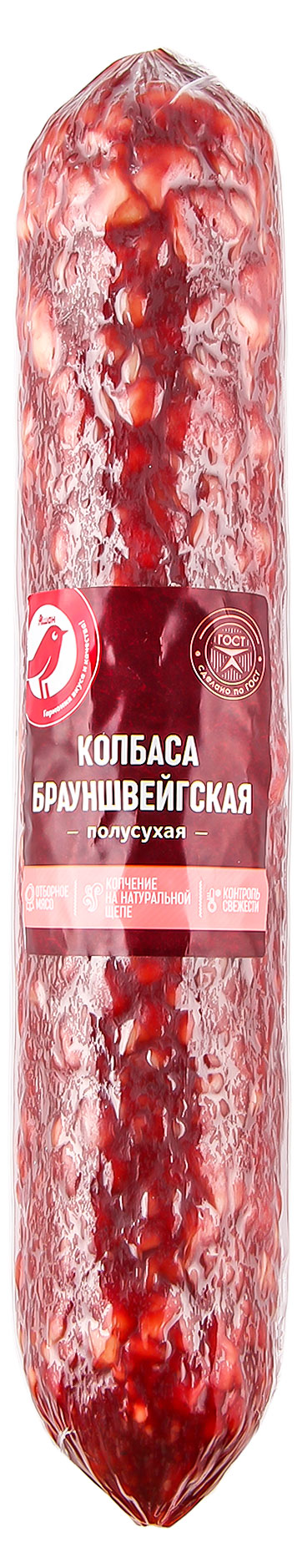 Колбаса сырокопченая АШАН Красная птица Брауншвейгская полусухая на щепе ГОСТ, ~ 0,9 кг