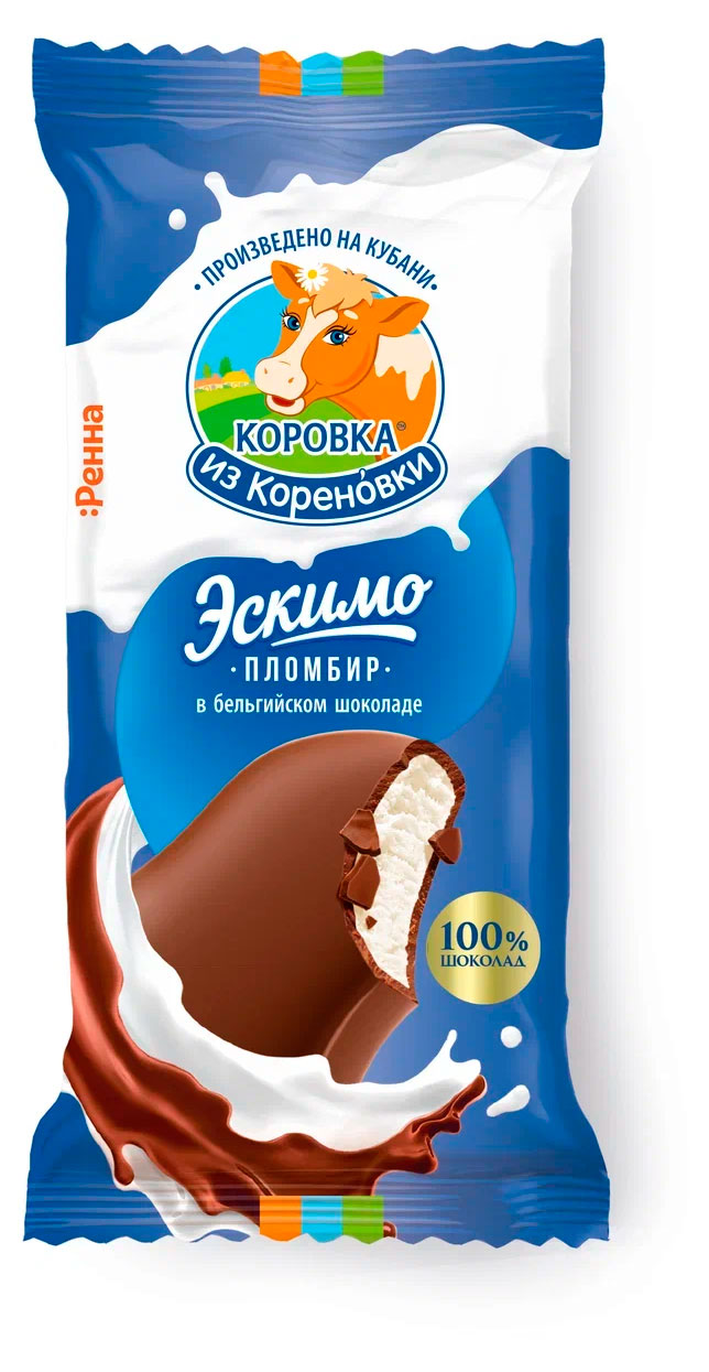 Мороженое сливочное «Коровка из Кореновки» Пломбир ванильный в молочном бельгийском шоколаде эскимо, 70 г