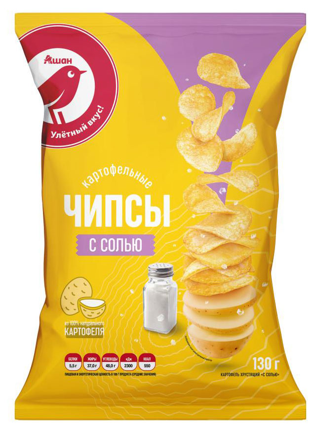 Чипсы АШАН Красная птица картофельные с солью, 130 г
