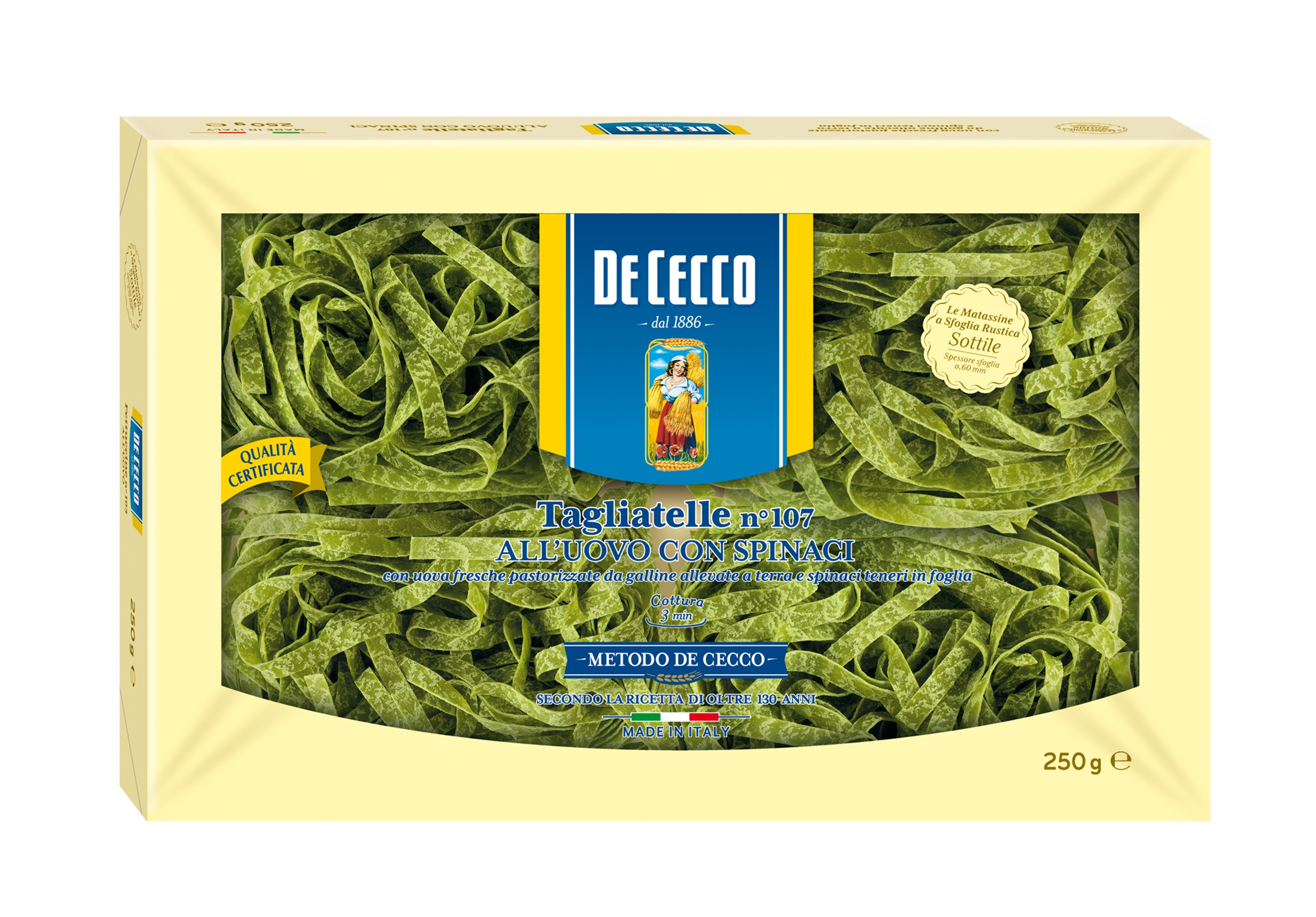 Макаронные изделия De Cecco Tagliatelle №107 лапша яичная со шпинатом Италия, 250 г