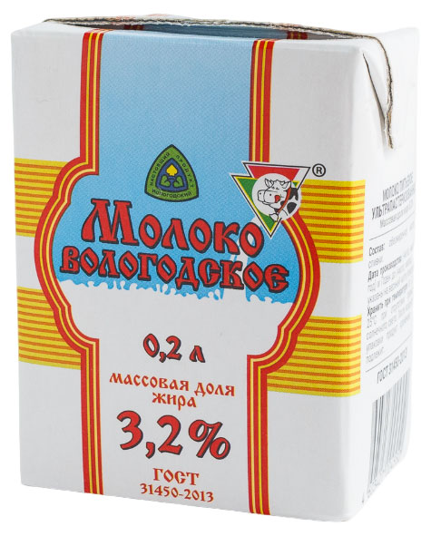 Молоко ультрапастеризованное «Вологодское» стерилизованное 3,2% БЗМЖ, 200 мл