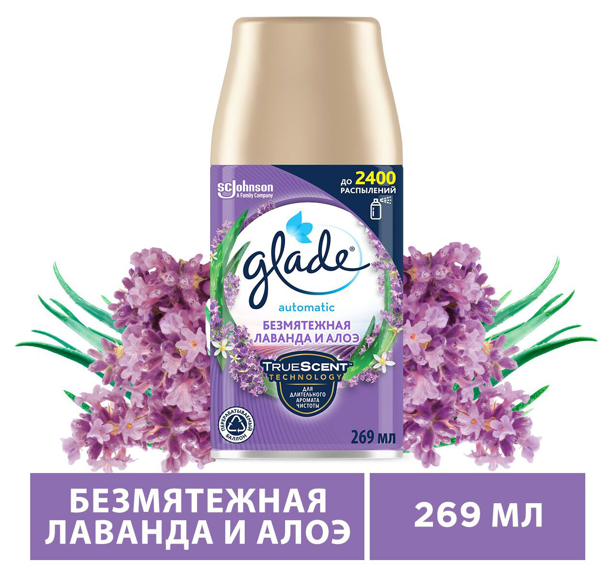 Освежитель воздуха Glade Automatic Безмятежная лаванда и алоэ сменный аэрозольный баллон, 269 мл