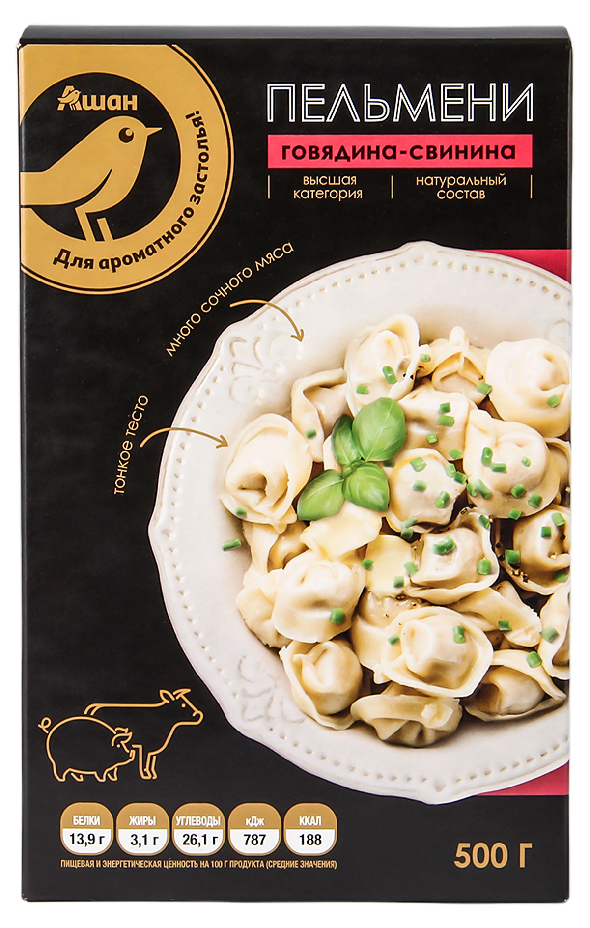 Пельмени АШАН Золотая птица с говядиной и свининой категории А, 500 г