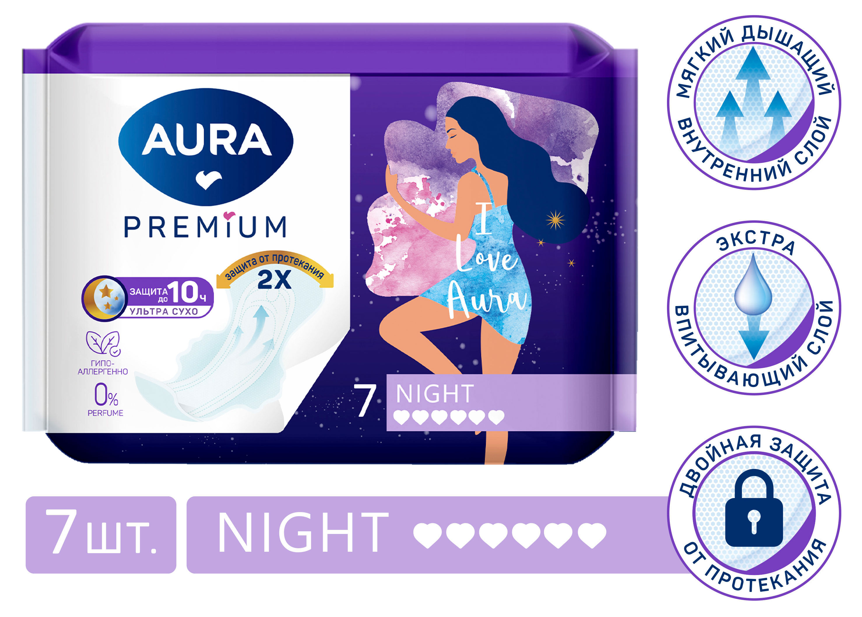 Прокладки женские Aura Premium Night, 7 шт