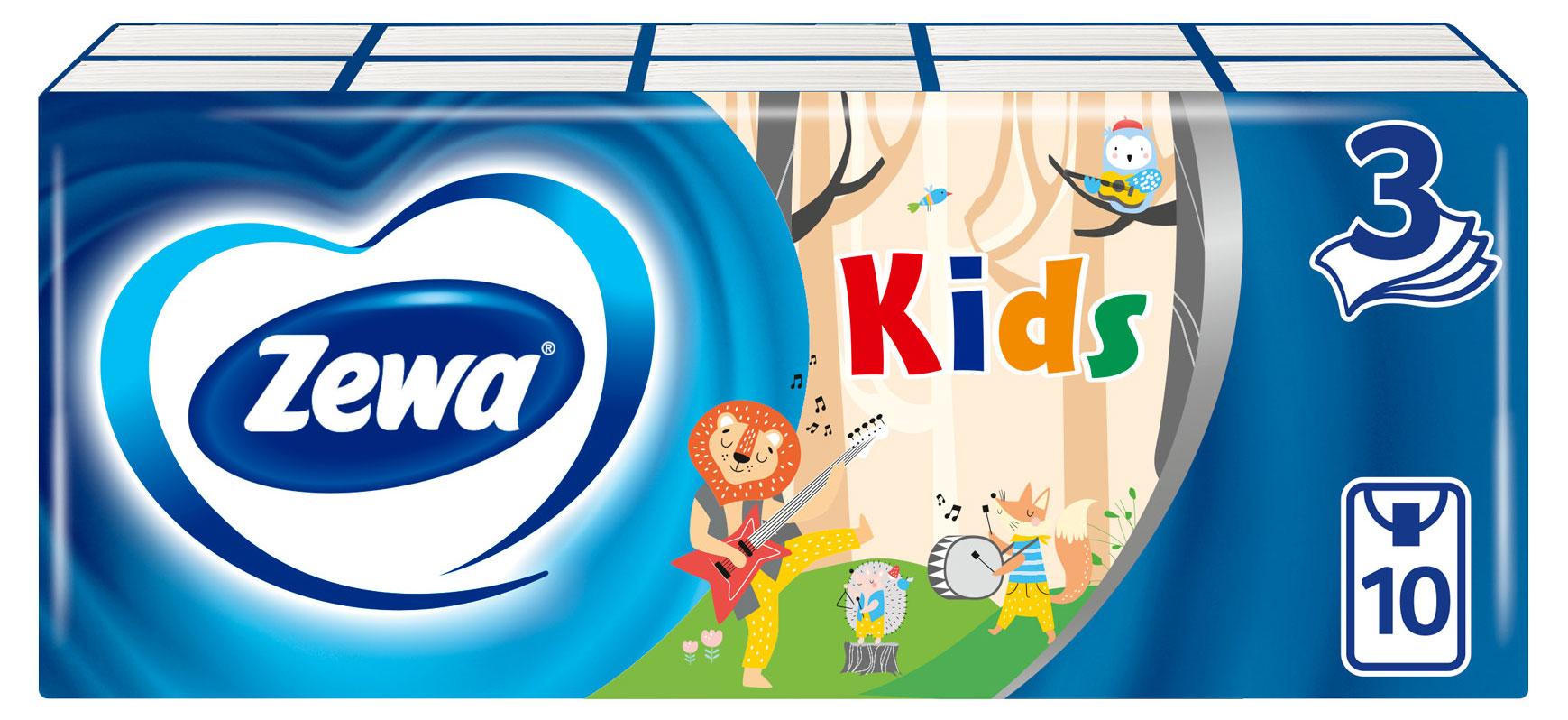 Платочки бумажные носовые Zewa Kids детские 3 слоя, 10 шт