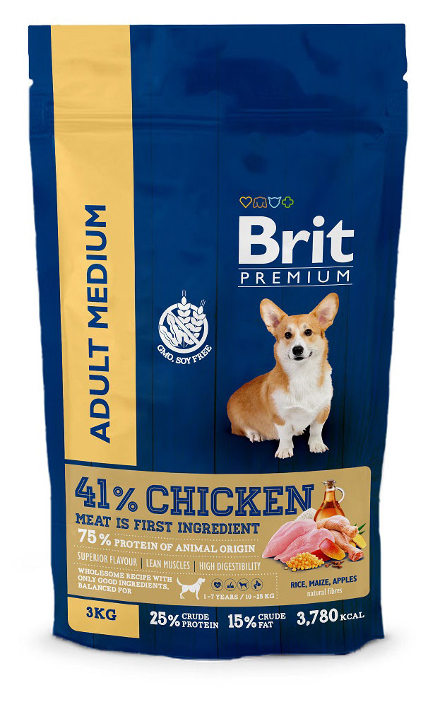 Сухой корм для взрослых собак Brit Premium Adult M курица, 3 кг