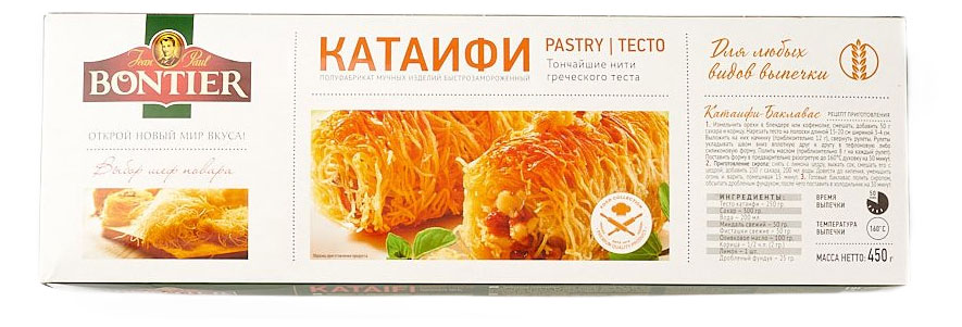 Тесто слоеное тонкое Bontier Fillo Катаифи греческое для выпечки замороженное, 450 г