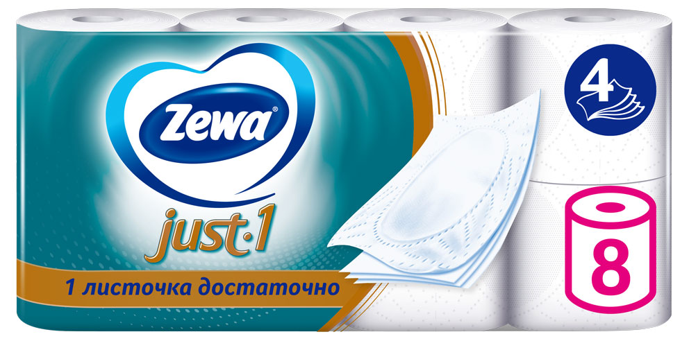 Туалетная бумага Zewa Just1, 4 слоя, 8 рулонов