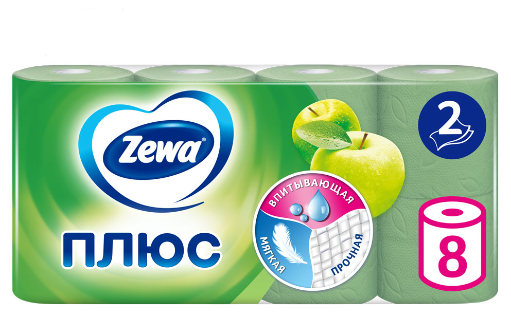 Туалетная бумага Zewa Плюс Яблоко, 2 слоя, 8 рулонов