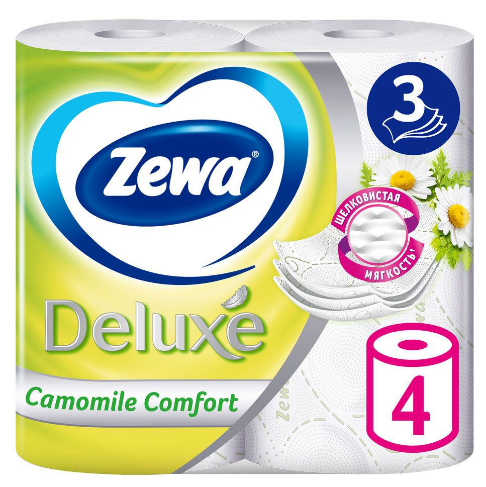Туалетная бумага Zewa Deluxe Ромашка, 3 слоя, 4 рулона