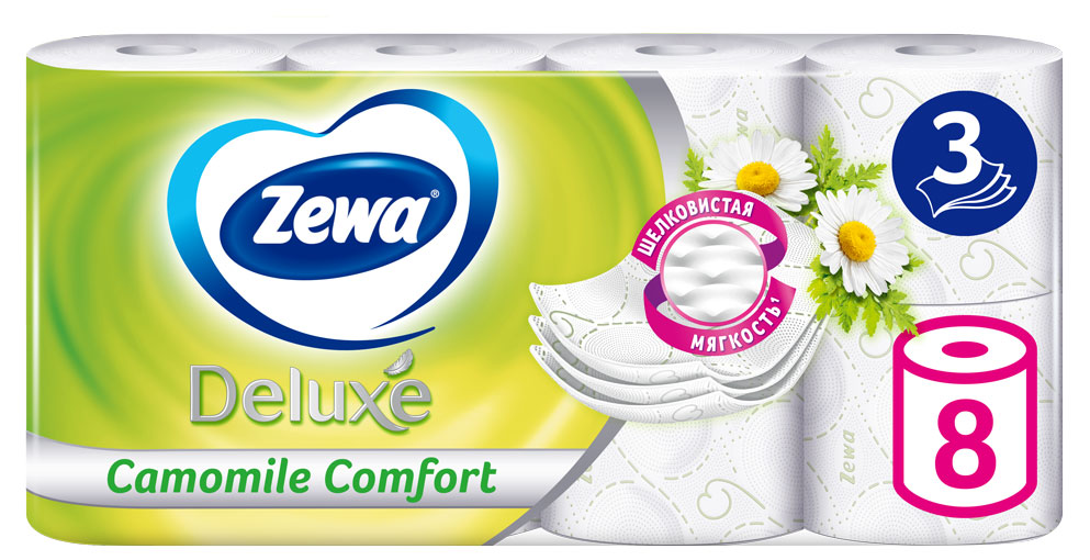 Туалетная бумага Zewa Deluxe Ромашка, 3 слоя, 8 рулонов