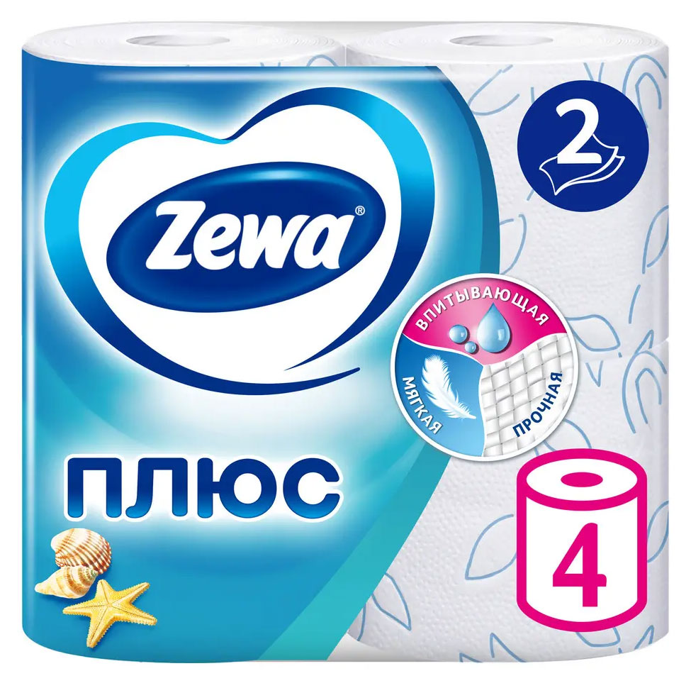 Туалетная бумага Zewa Плюс Свежесть океана, 2 слоя, 4 рулона