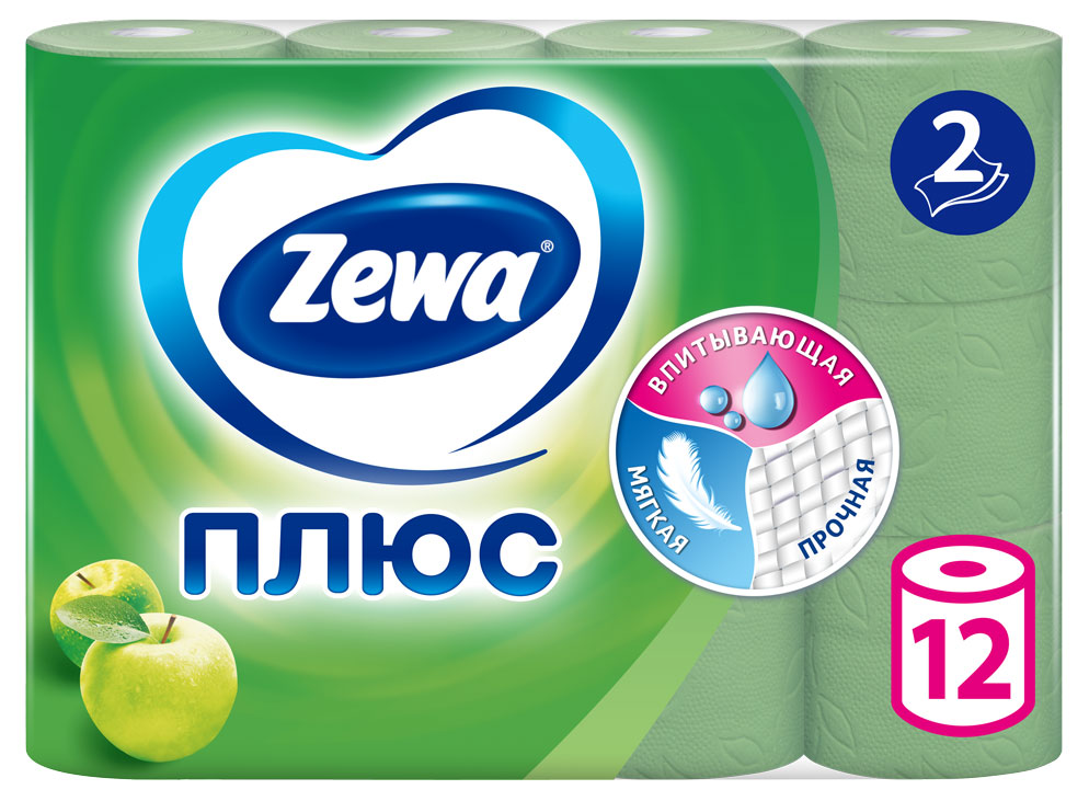 Туалетная бумага Zewa Плюс Яблоко, 2 слоя, 12 рулонов