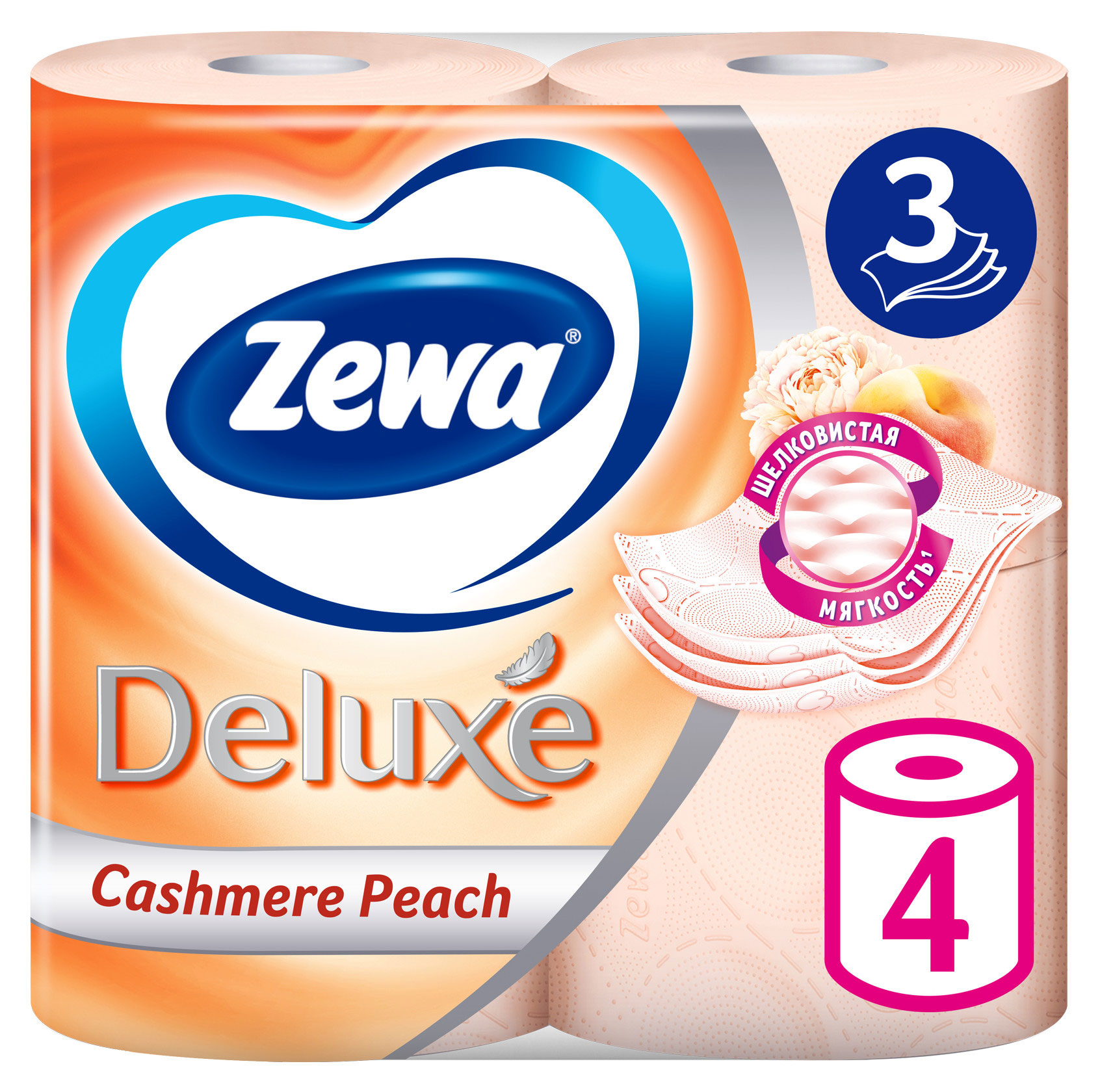 Туалетная бумага Zewa Deluxe Персик, 3 слоя, 4 рулона