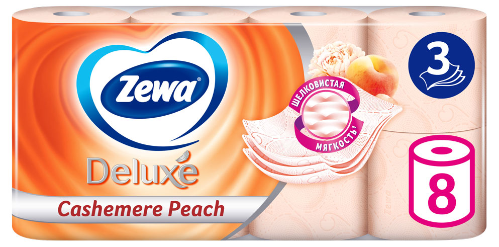 Туалетная бумага Zewa Deluxe Персик, 3 слоя, 8 рулонов