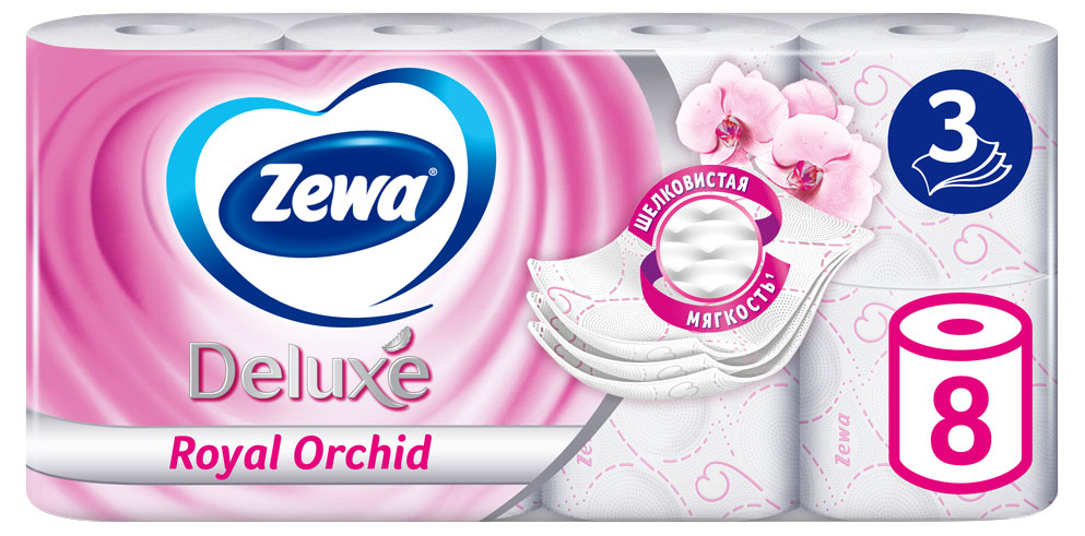 Туалетная бумага Zewa Deluxe Орхидея, 3 слоя, 8 рулонов