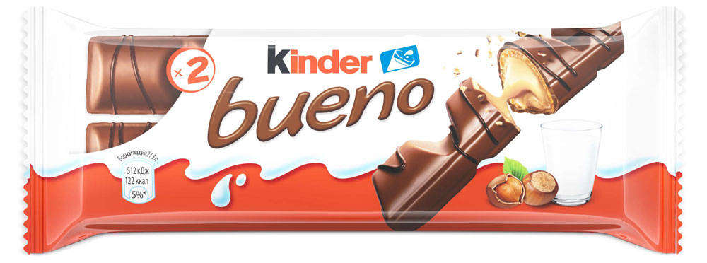 Вафли Kinder Bueno покрытые молочным шоколадом с молочно-ореховой начинкой, 43 г