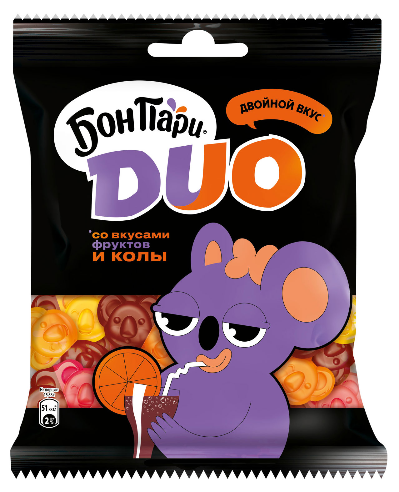 Мармелад жевательный «Бон Пари» DUO со вкусами фруктов и колы, 100 г