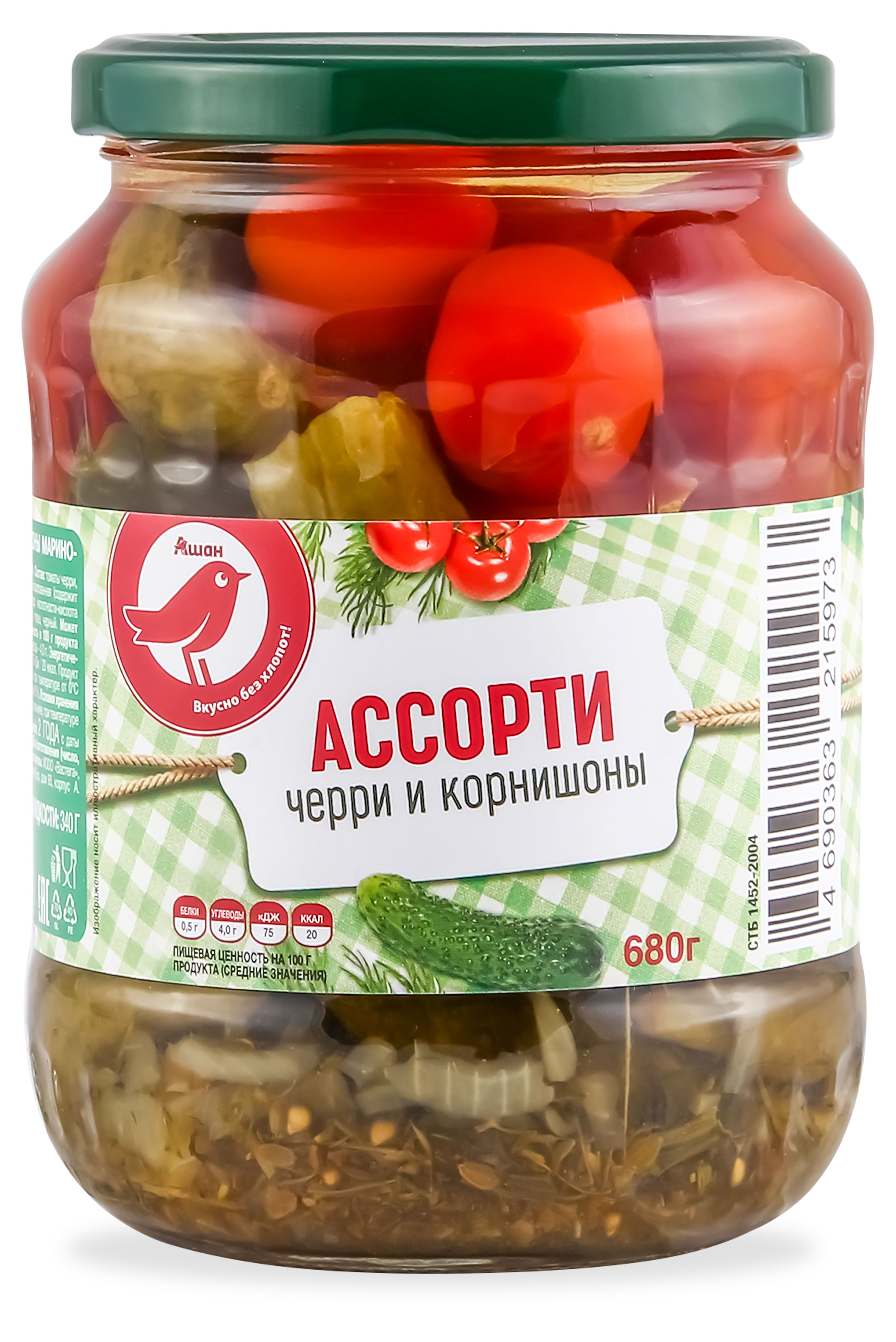 Ассорти овощное АШАН Красная птица черри и корнишоны, 700 г