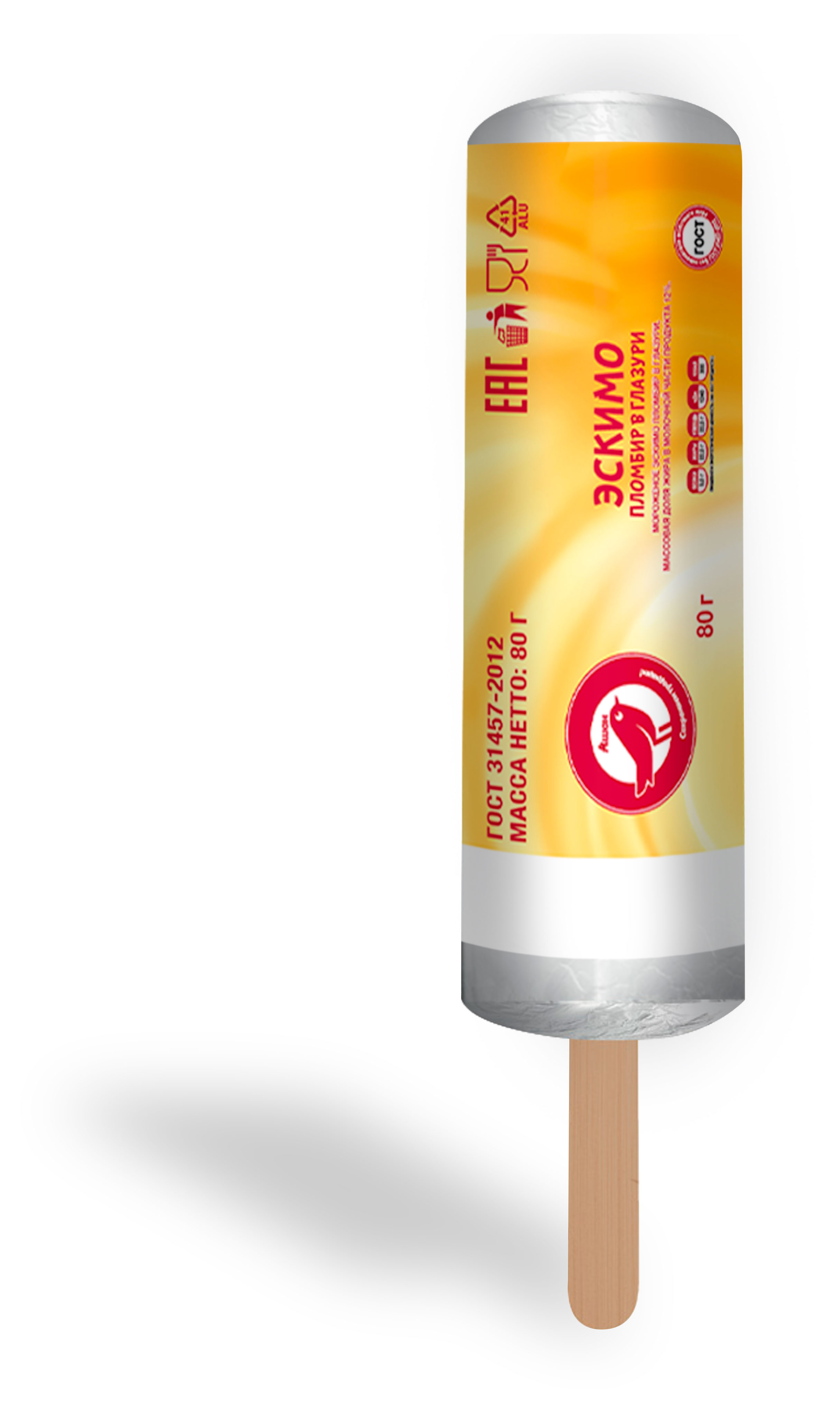 Мороженое пломбир АШАН Красная птица Эскимо в глазури, 80 г