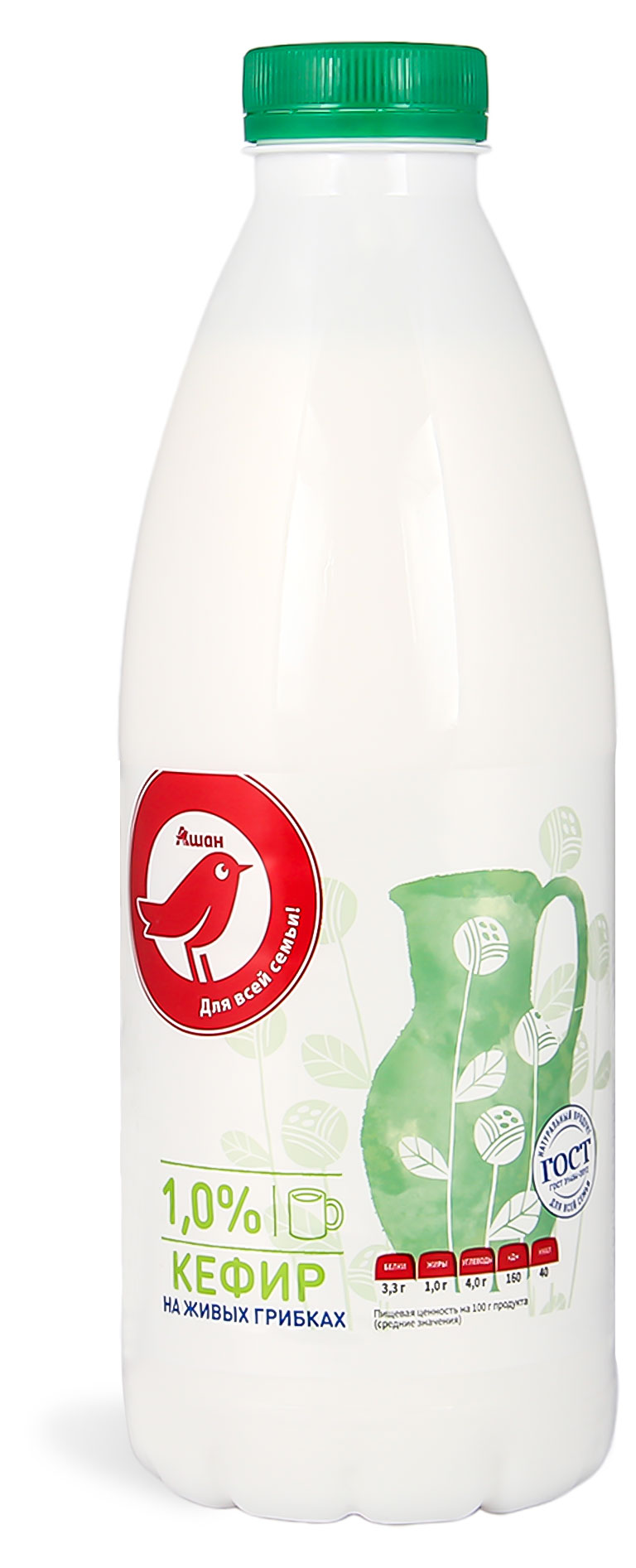 Кефир АШАН Красная птица на живых грибках 1% ГОСТ БЗМЖ, 930 г
