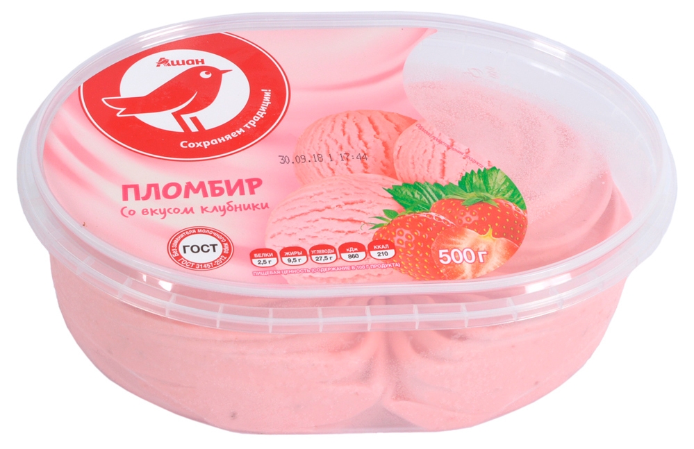 Мороженое молочное АШАН Красная птица Пломбир клубничный ГОСТ БЗМЖ, 500 г