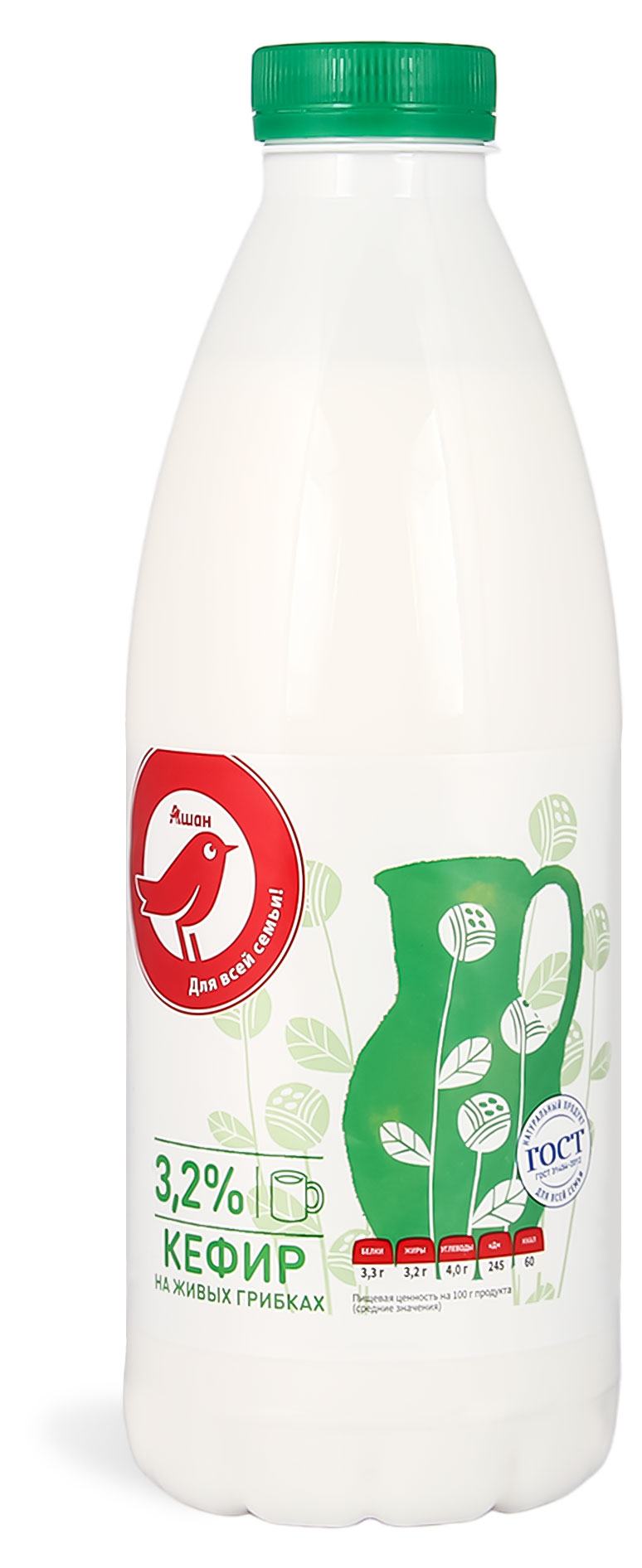 Кефир АШАН Красная птица на живых грибках 3,2% ГОСТ БЗМЖ, 930 г