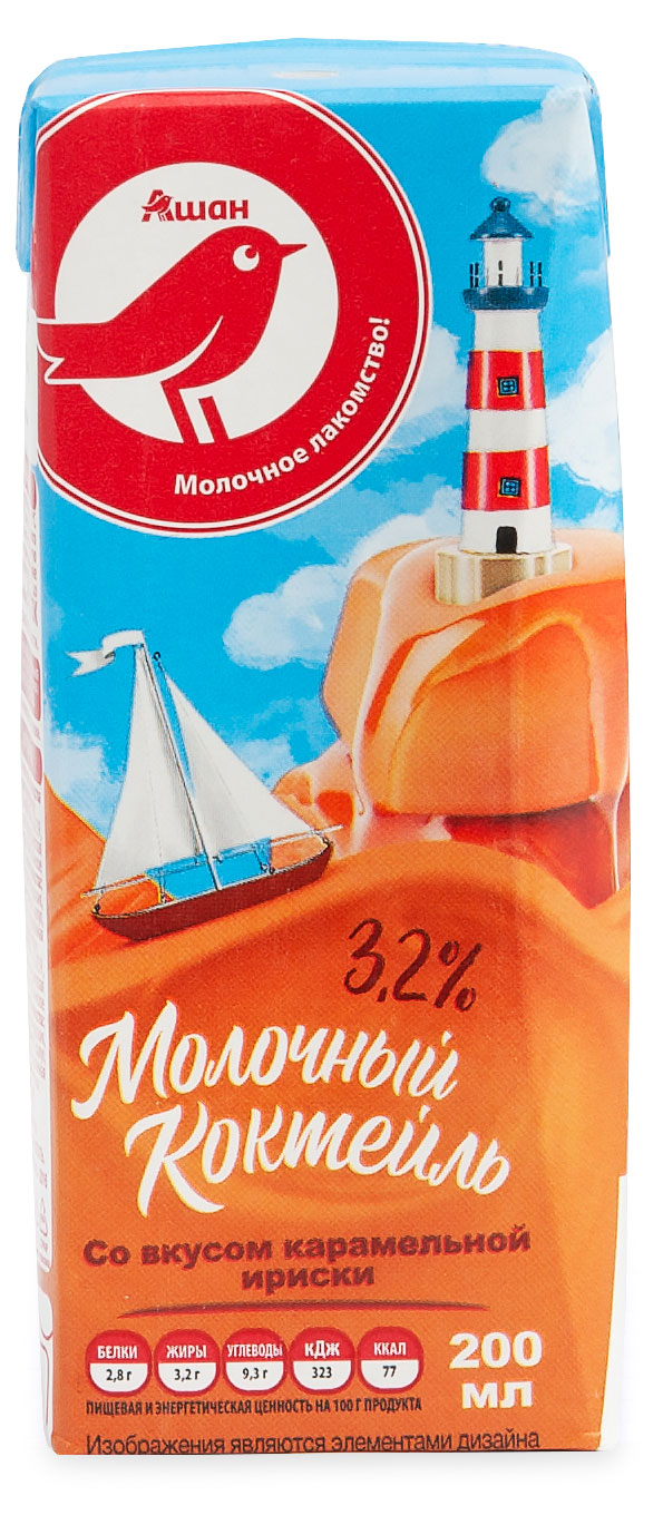 Коктейль молочный АШАН Красная птица Карамельная ириска стерилизованный 3,2% БЗМЖ, 200 г