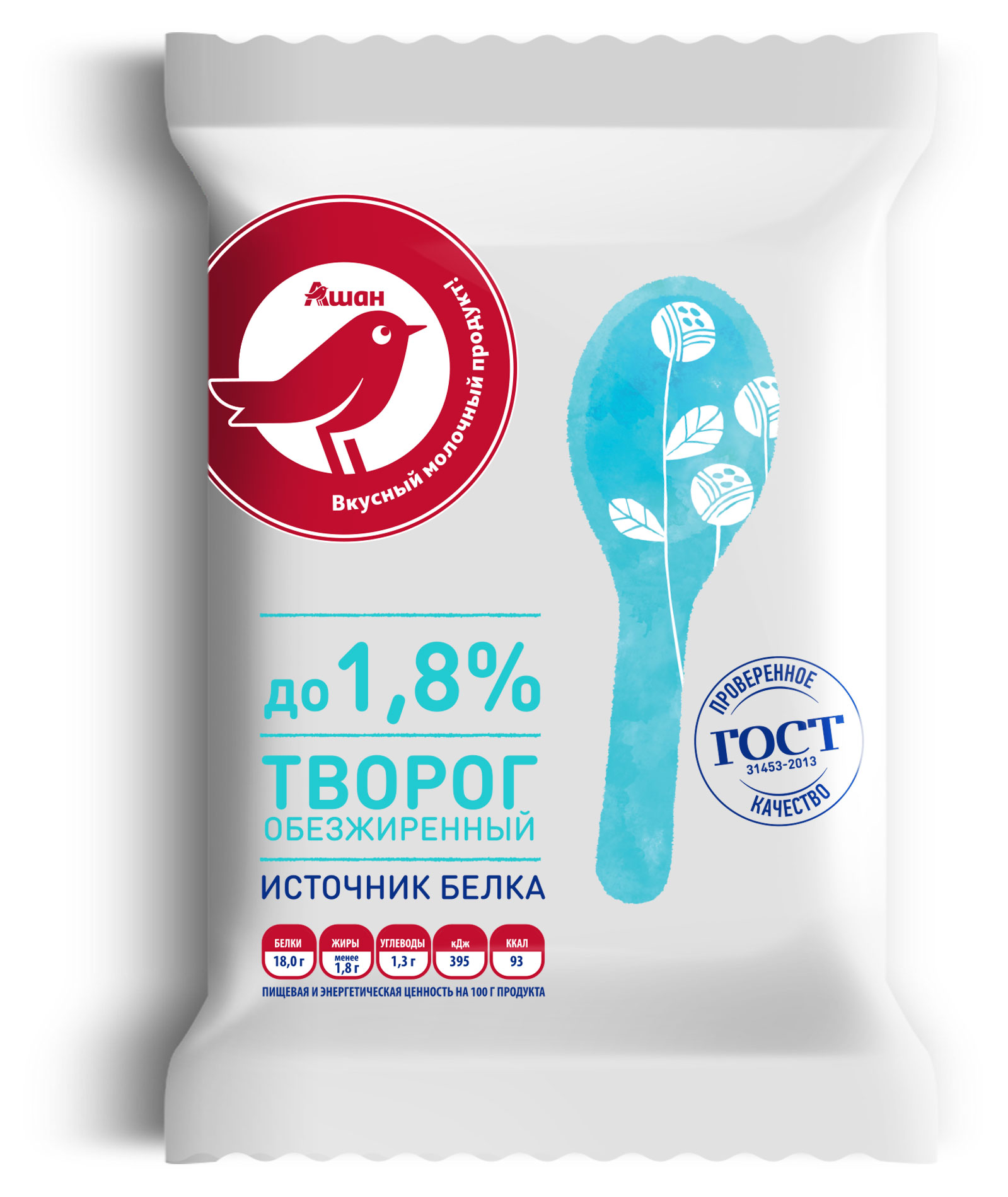 Творог классический обезжиренный АШАН Красная птица брикет 1,8% ГОСТ БЗМЖ, 180 г