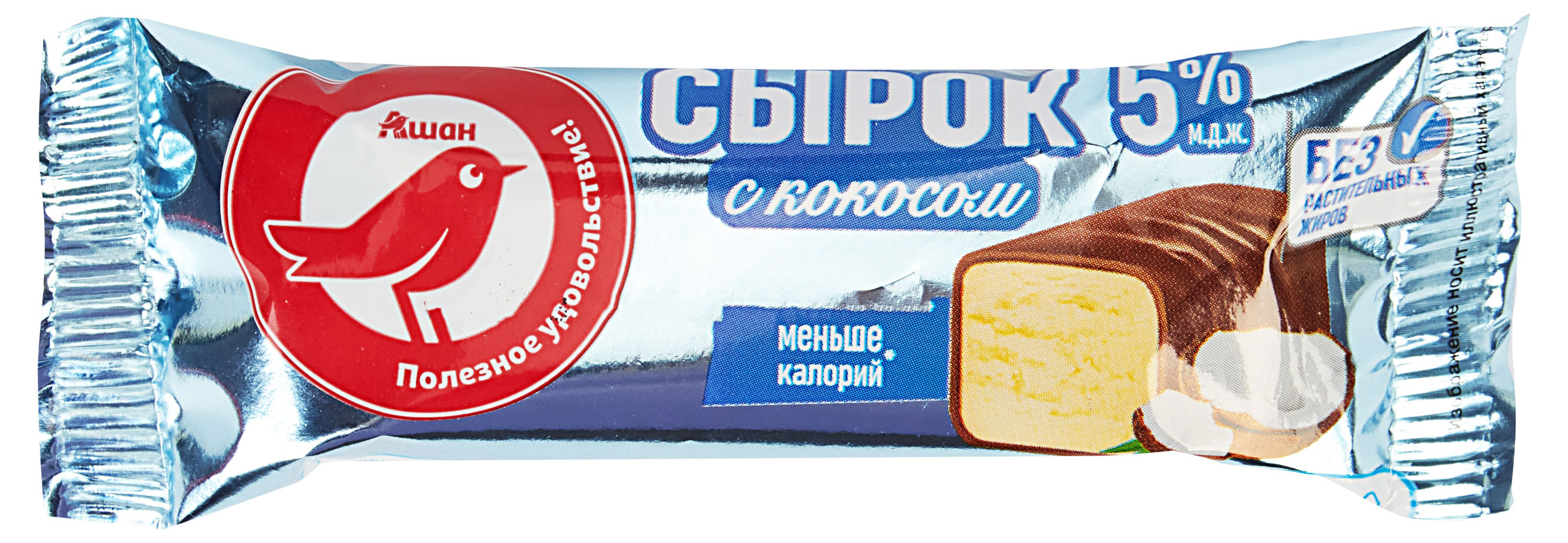 Сырок творожный АШАН Красная птица глазированный с кокосом 5% ГОСТ БЗМЖ, 40 г