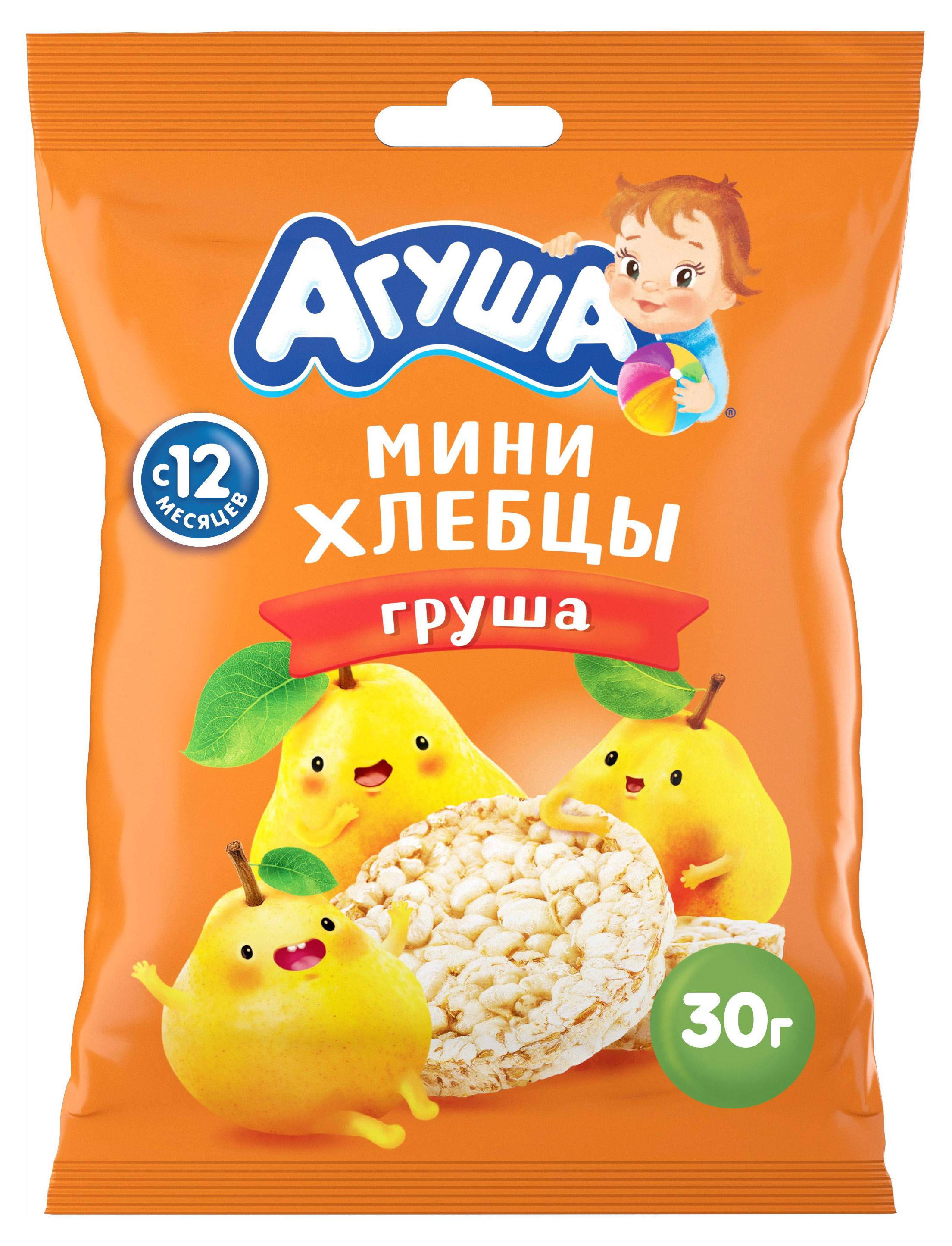 Хлебцы-мини «Агуша» Полезный перекус рисовые с грушевым соком с 12 мес., 30 г